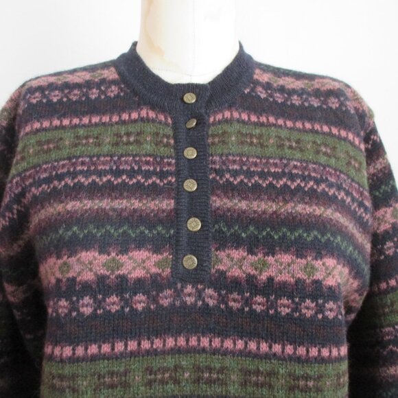 Wool Sweater Tunic Length Henley Neckline Button Front Jewel Tones Scandi Style - Picture 2 of 10